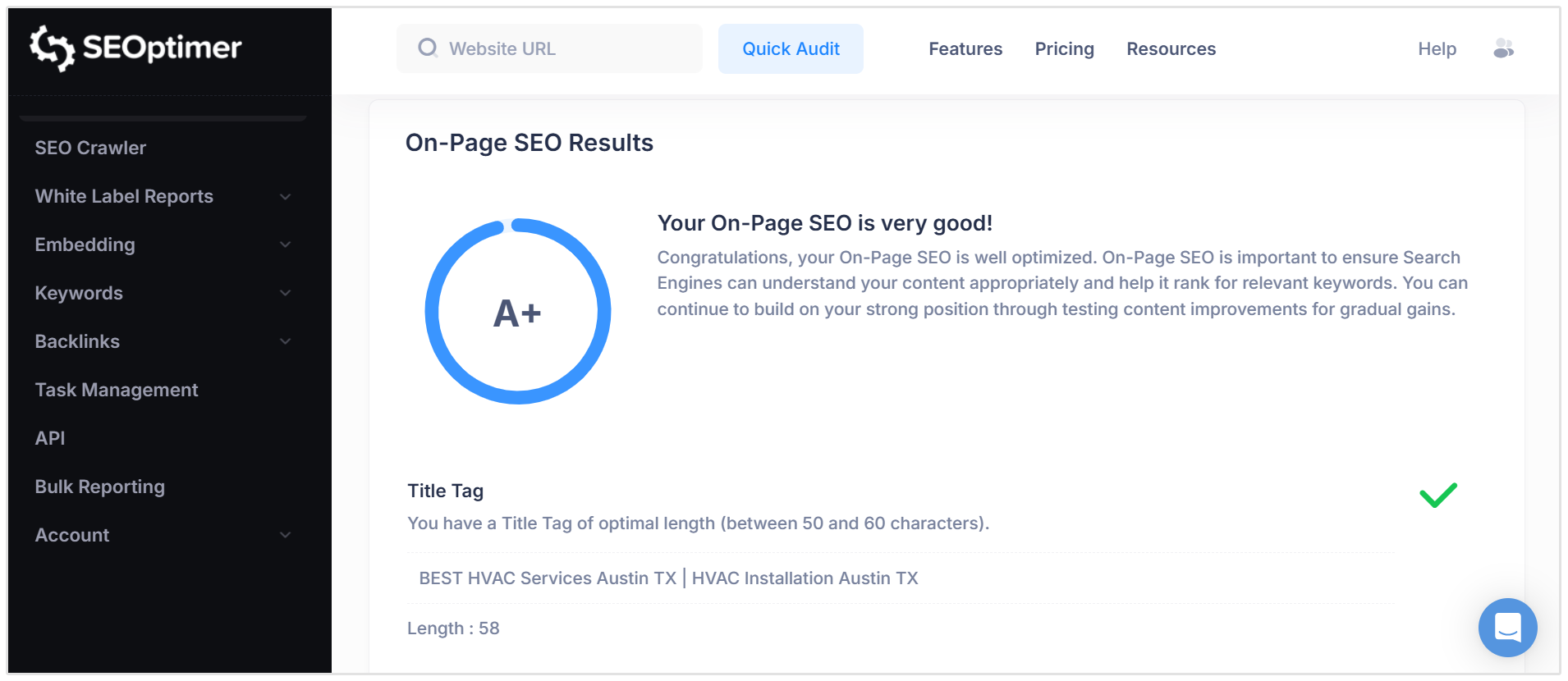 På side SEO-revisionsresultater
